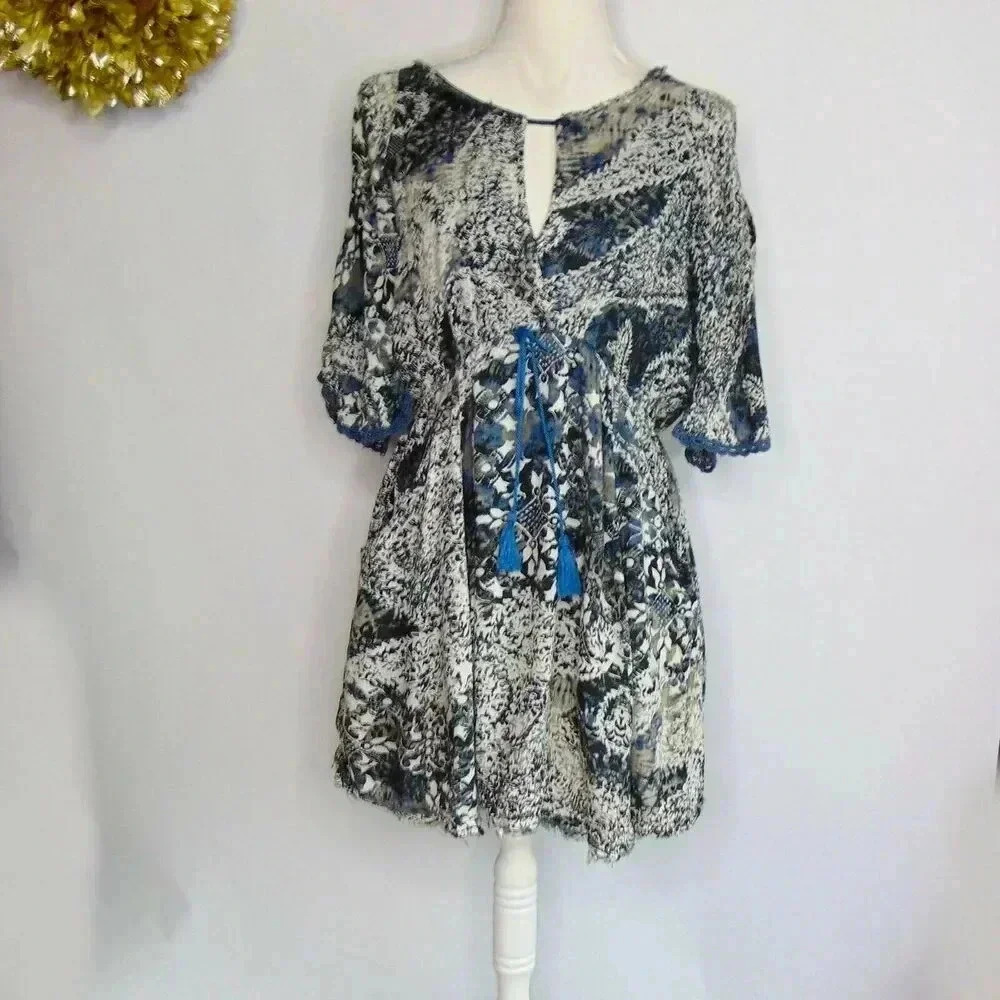 Free People Womens A Line Dress Blue White Floral Keyhole Neck Cold Shoulder XS